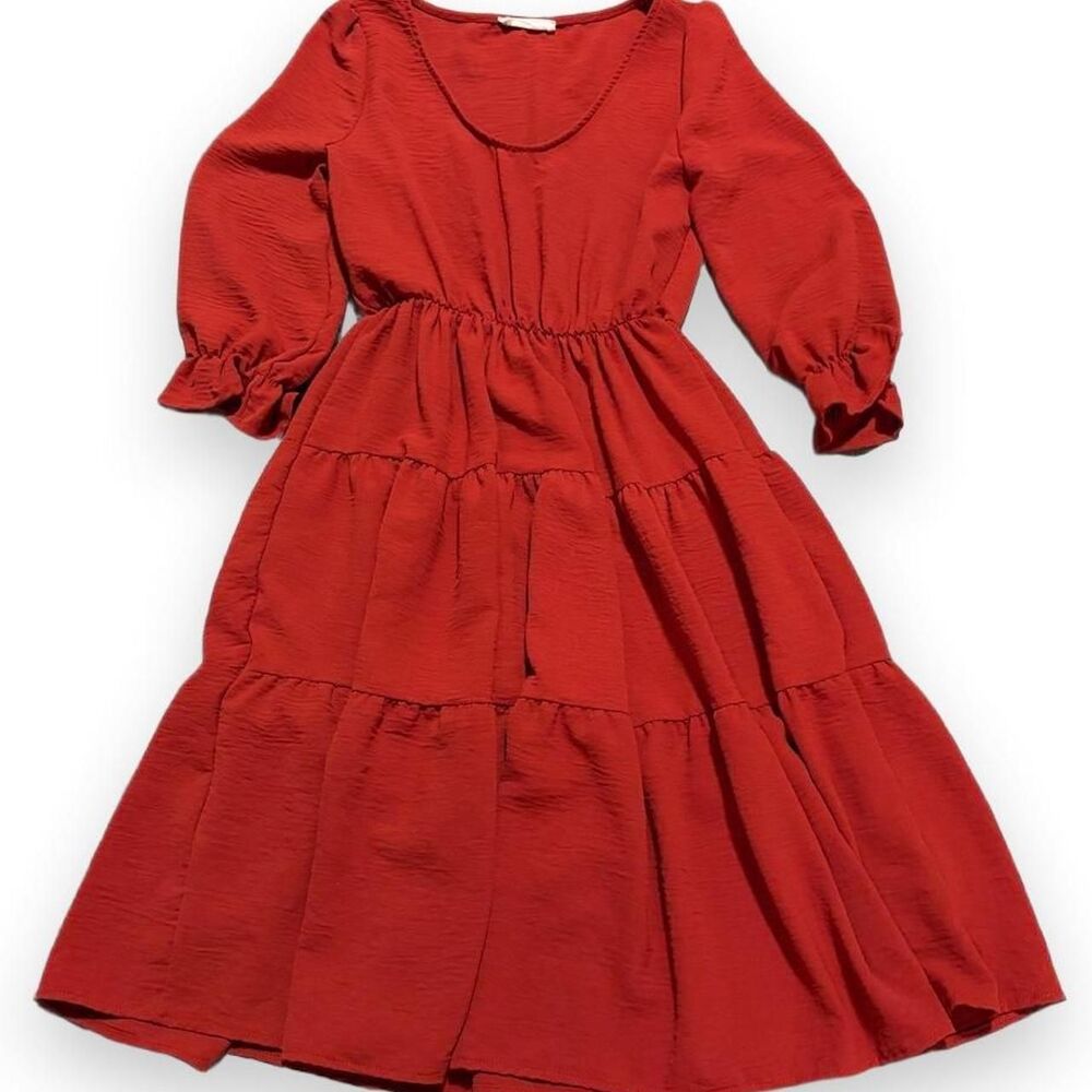 Rebdolls Red Tiered Midi Dress 3/4 Puff Sleeves S